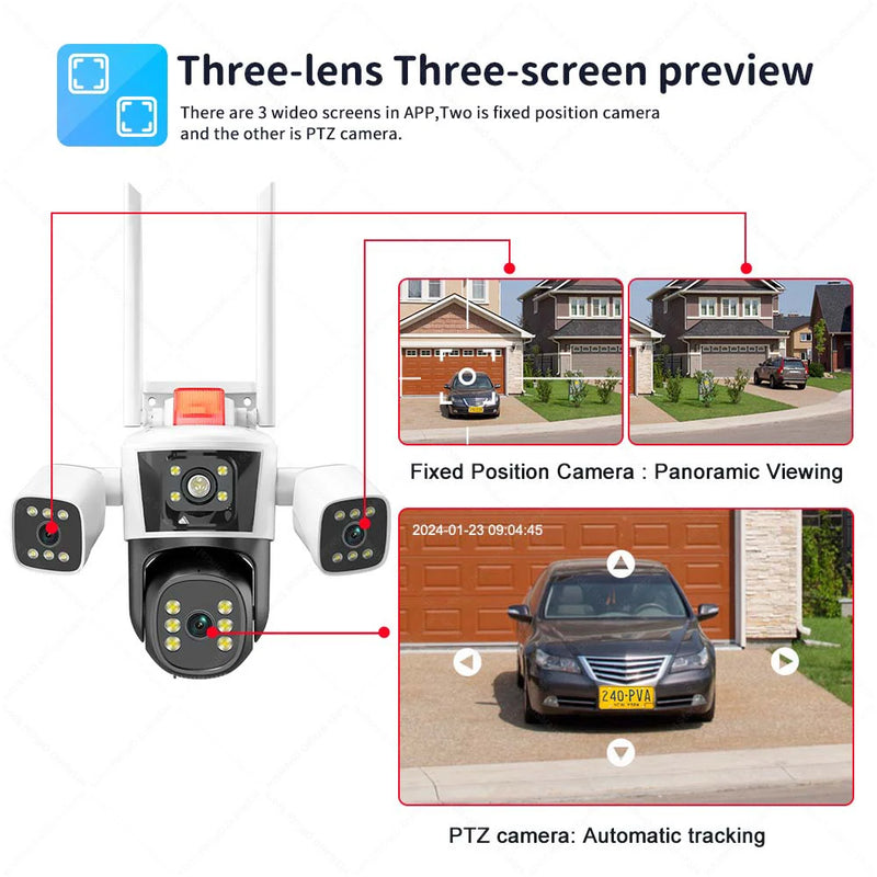 12MP 6K Security Protection IP Camera WiFi Wireless Outdoor Three Lens Three Screens CCTV Video Surveillance PTZ Human Tracking