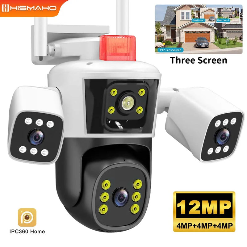 12MP 6K Security Protection IP Camera WiFi Wireless Outdoor Three Lens Three Screens CCTV Video Surveillance PTZ Human Tracking